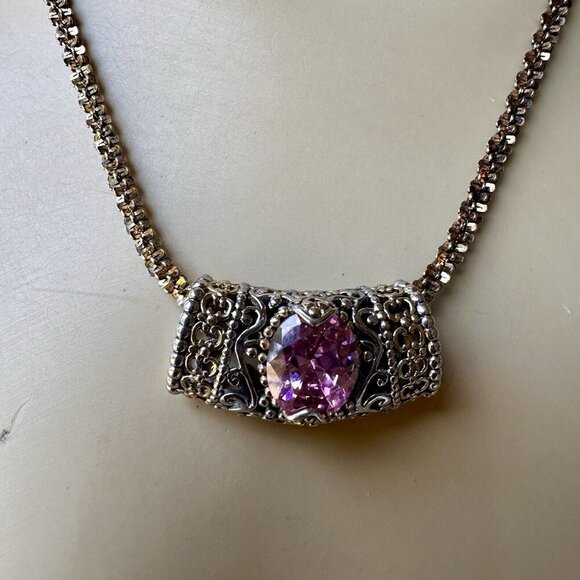 Necklace w Slide Pendant 17" Oval Pink Gem Ornate 925 Sterling Gold Plated 22.3g - Picture 2 of 12